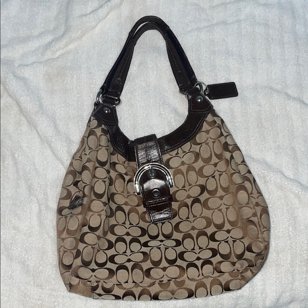Coach Tan and Brown Signature Shoulder Bag